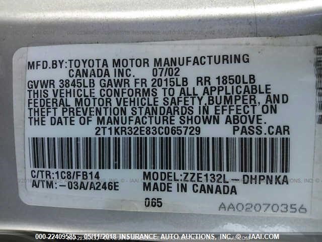 2T1KR32E83C065729 - 2003 TOYOTA COROLLA MATRIX XR SILVER photo 9