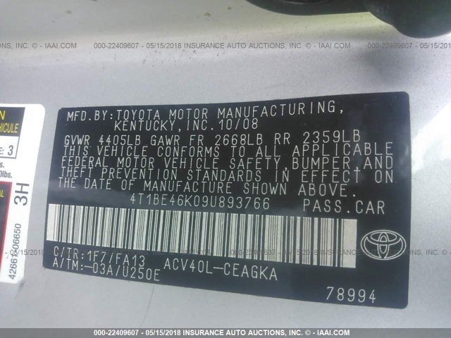 4T1BE46K09U893766 - 2009 TOYOTA CAMRY SE/LE/XLE ვერცხლისფერი ფოტო 9