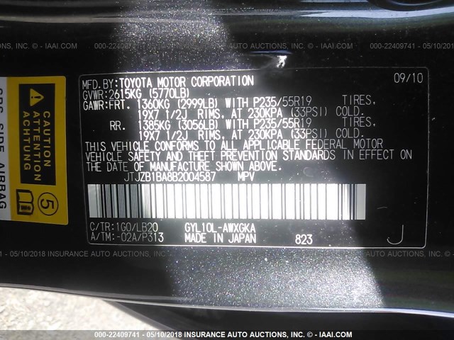 JTJZB1BA8B2004587 - 2011 LEXUS RX 450 GRAY photo 9