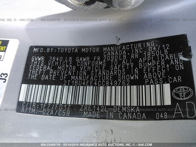 2T1BU4EE4CC849762 - 2012 TOYOTA COROLLA S/LE SILVER photo 9