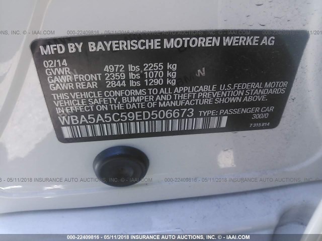 WBA5A5C59ED506673 - 2014 BMW 528 I WHITE photo 9