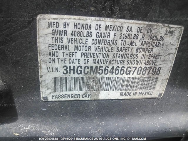 3HGCM56466G708798 - 2006 HONDA ACCORD LX BLACK photo 9