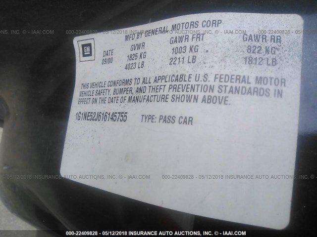 1G1NE52J616145755 - 2001 CHEVROLET MALIBU LS შავი ფოტო 9