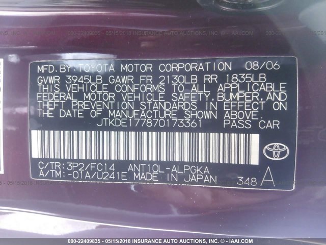 JTKDE177870173361 - 2007 TOYOTA SCION TC 紫色 照片 9