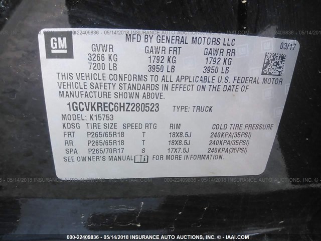 1GCVKREC6HZ280523 - 2017 CHEVROLET SILVERADO K1500 LT BLACK photo 9