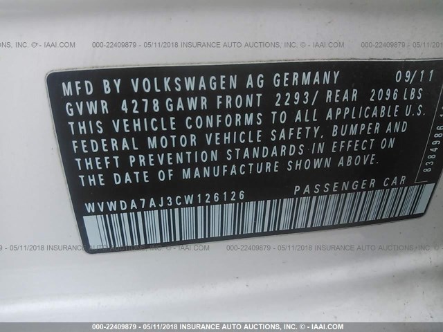 WVWDA7AJ3CW126126 - 2012 VOLKSWAGEN GOLF WHITE photo 9