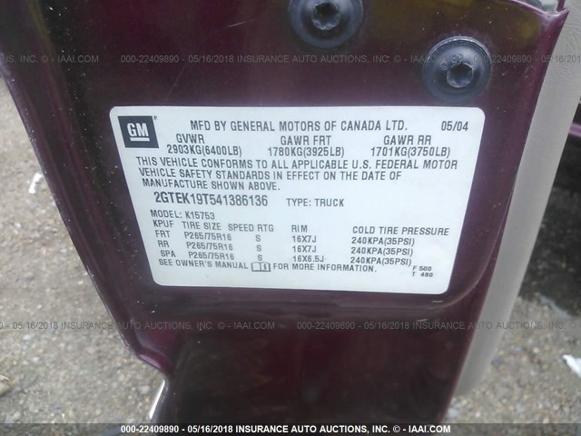 2GTEK19T541386136 - 2004 GMC NEW SIERRA K1500 MAROON photo 9