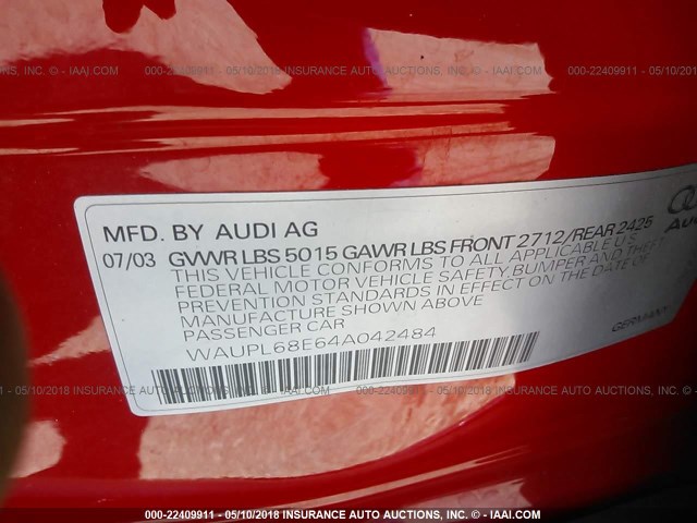 WAUPL68E64A042484 - 2004 AUDI S4 RED photo 9