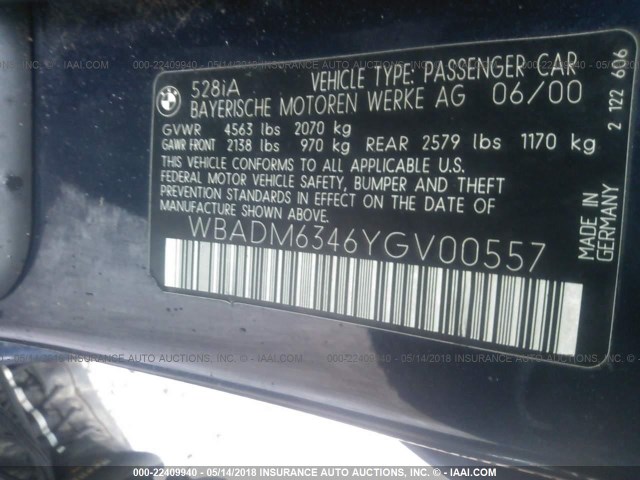 WBADM6346YGV00557 - 2000 BMW 528 I AUTOMATIC Көкшіл фото 9