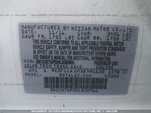 3N1CN7AP0HL830966 - 2017 NISSAN VERSA S/S PLUS/SV/SL WHITE photo 9