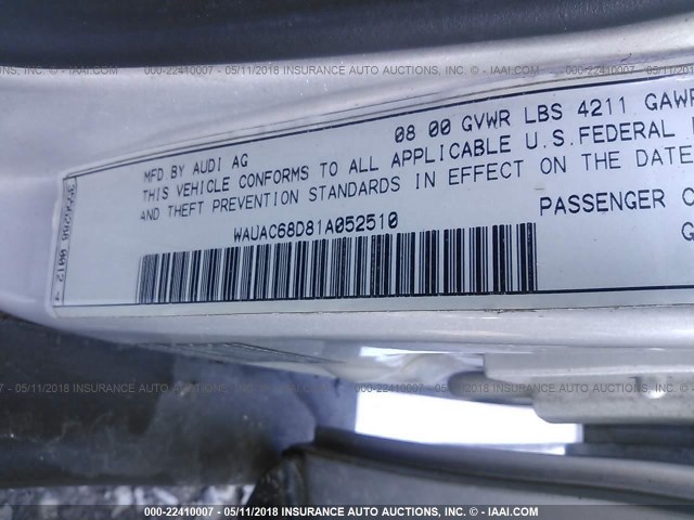 WAUAC68D81A052510 - 2001 AUDI A4 1.8T SILVER photo 9