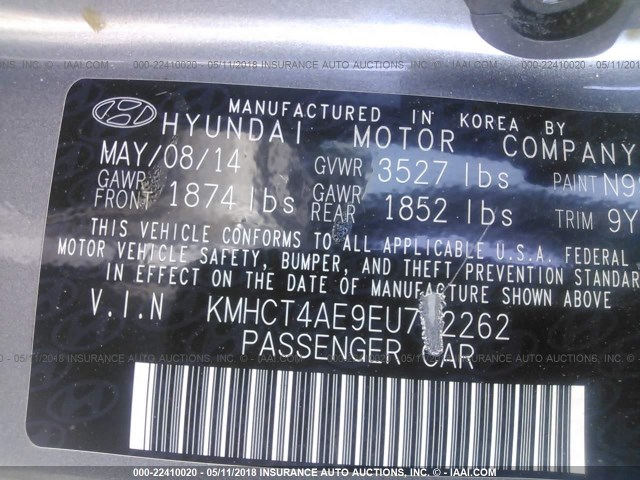 KMHCT4AE9EU722262 - 2014 HYUNDAI ACCENT GLS/GS GRAY photo 9