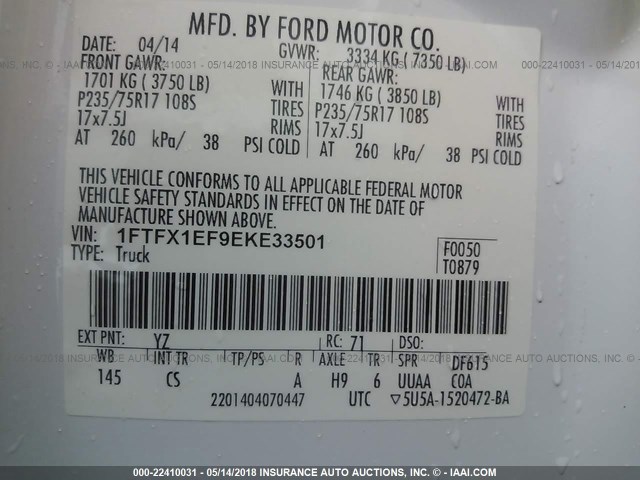 1FTFX1EF9EKE33501 - 2014 FORD F150 SUPER CAB WHITE photo 9