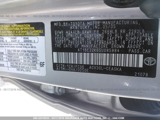 4T1BE32K65U085884 - 2005 TOYOTA CAMRY LE/XLE/SE 银色 照片 9