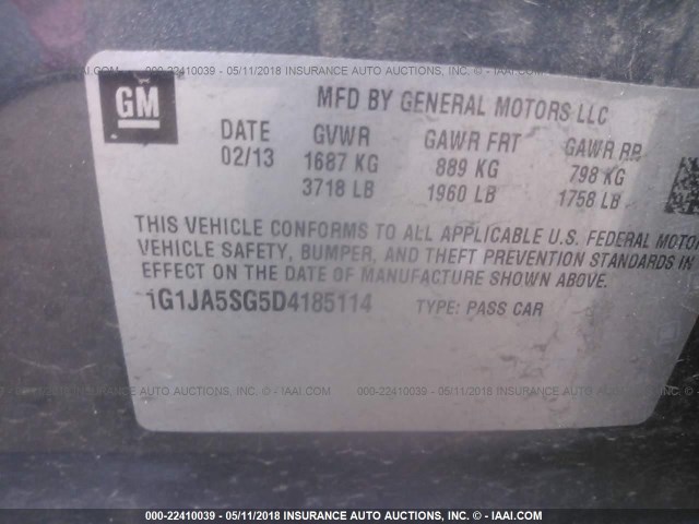 1G1JA5SG5D4185114 - 2013 CHEVROLET SONIC LS ნაცრისფერი ფოტო 9