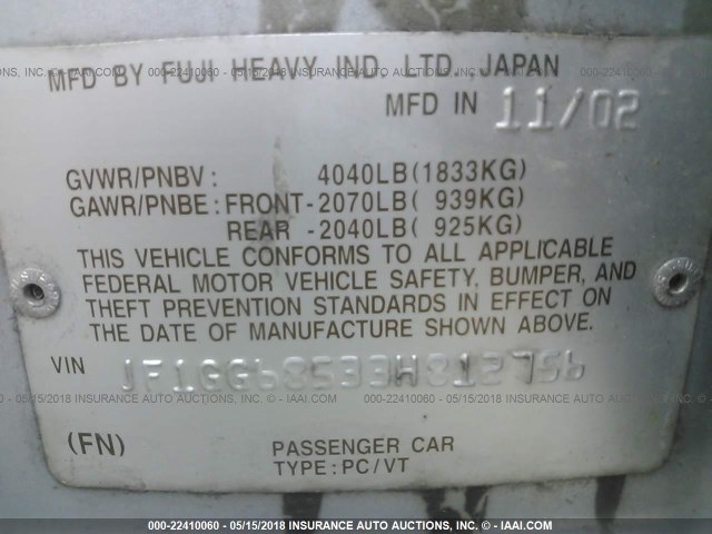 JF1GG68533H812756 - 2003 SUBARU IMPREZA OUTBACK SPORT SILVER photo 9