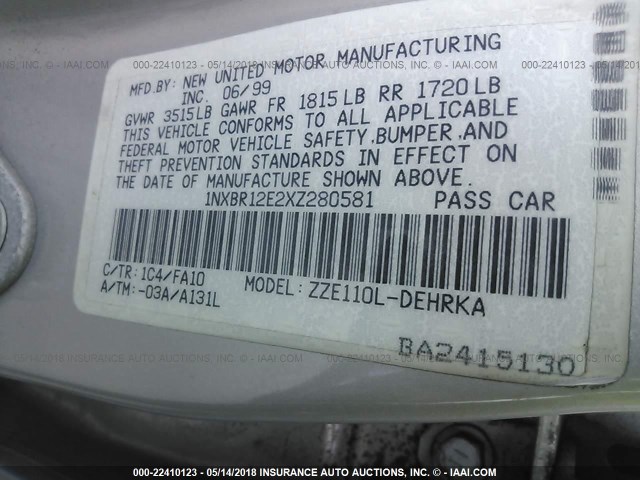 1NXBR12E2XZ280581 - 1999 TOYOTA COROLLA VE/CE/LE 银色 照片 9