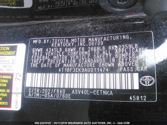 4T1BF3EK9AU011474 - 2010 TOYOTA CAMRY SE/LE/XLE 黑色 照片 9