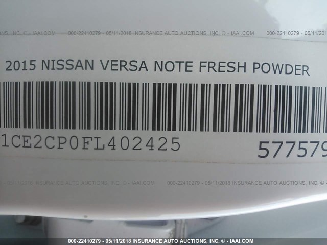 3N1CE2CP0FL402425 - 2015 NISSAN VERSA NOTE S/S PLUS/SV/SL/SR WHITE photo 9