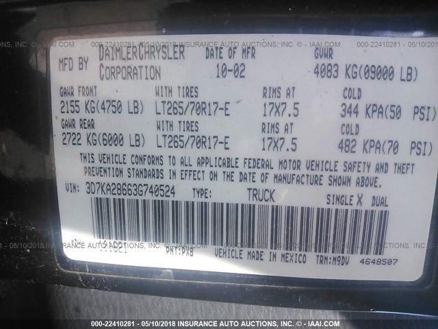 3D7KA28663G740524 - 2003 DODGE RAM 2500 ST/SLT 黑色 照片 9
