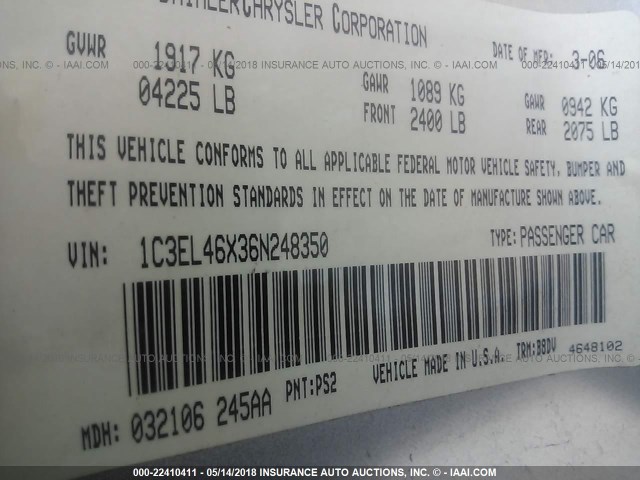 1C3EL46X36N248350 - 2006 CHRYSLER SEBRING SILVER photo 9