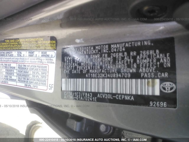 4T1BE32K34U894709 - 2004 TOYOTA CAMRY LE/XLE/SE BEIGE photo 9