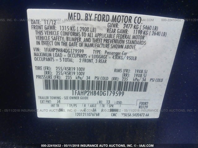 1FAHP2H84DG179599 - 2013 FORD TAURUS SEL BLUE photo 9