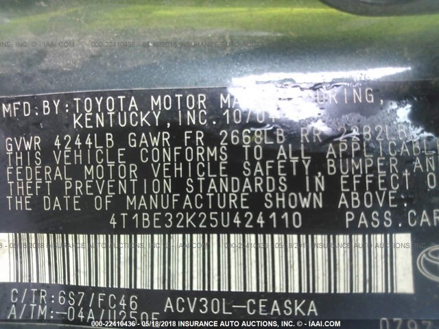 4T1BE32K25U424110 - 2005 TOYOTA CAMRY LE/XLE/SE 绿色 照片 9