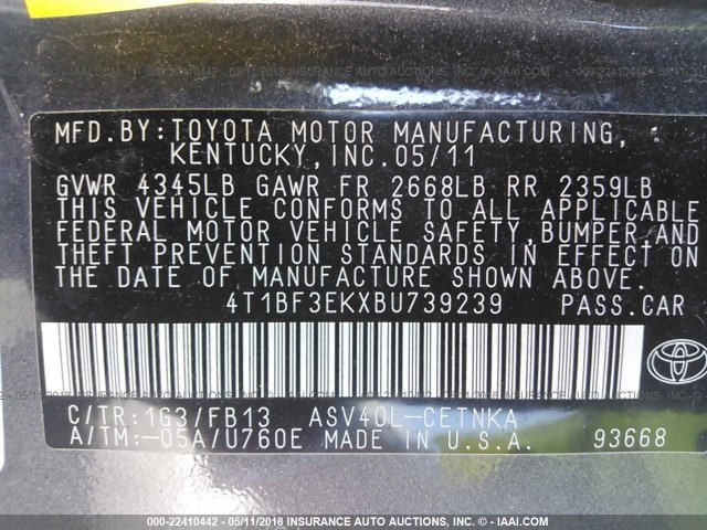 4T1BF3EKXBU739239 - 2011 TOYOTA CAMRY SE/LE/XLE GRAY photo 9
