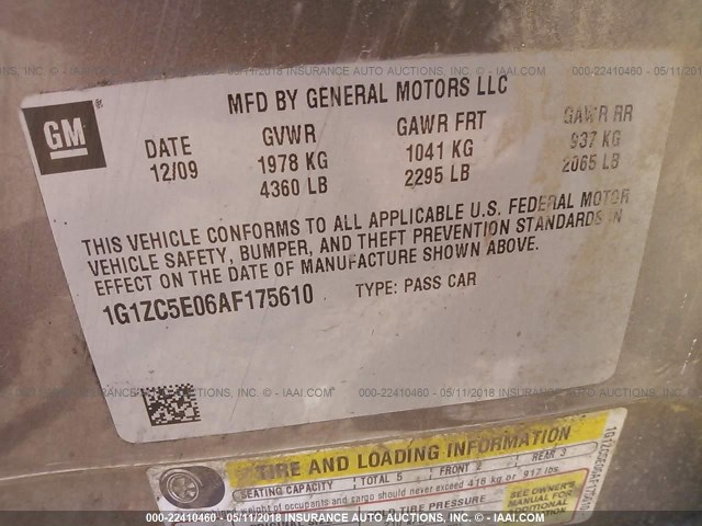 1G1ZC5E06AF175610 - 2010 CHEVROLET MALIBU 1LT 灰色 照片 9