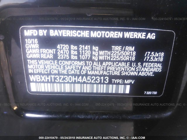 WBXHT3Z30H4A52313 - 2017 BMW X1 XDRIVE28I BLACK photo 9