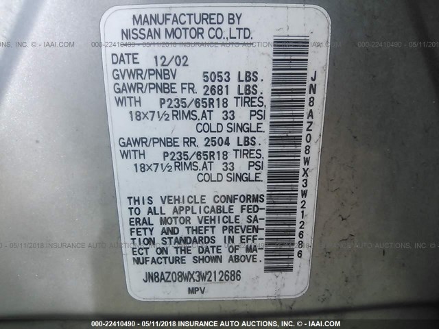 JN8AZ08WX3W212686 - 2003 NISSAN MURANO SL/SE SILVER photo 9