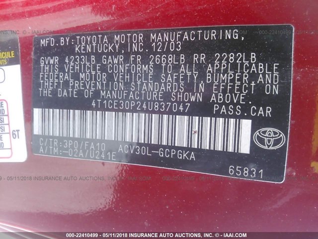4T1CE30P24U837047 - 2004 TOYOTA CAMRY SOLARA SE/SLE წითელი ფოტო 9