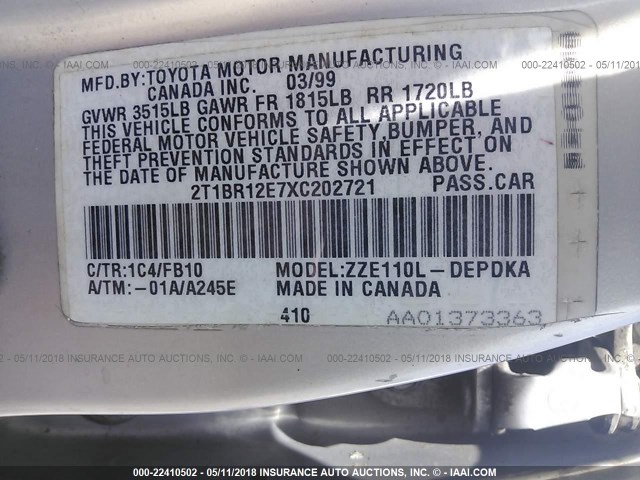 2T1BR12E7XC202721 - 1999 TOYOTA COROLLA VE/CE/LE SILVER photo 9