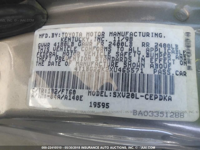 4T1BG22K2XU465571 - 1999 TOYOTA CAMRY CE/LE/XLE 灰色 照片 9