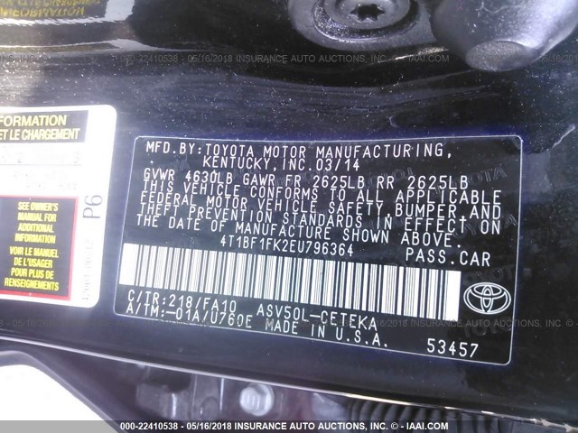 4T1BF1FK2EU796364 - 2014 TOYOTA CAMRY L/SE/LE/XLE 黑色 照片 9