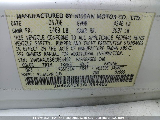 1N4BA41E36C864402 - 2006 NISSAN MAXIMA SE/SL WHITE photo 9