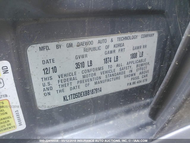 KL1TD5DEXBB187914 - 2011 CHEVROLET AVEO LS/LT 灰色 照片 9