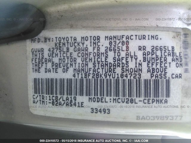 4T1BF28K9YU104723 - 2000 TOYOTA CAMRY LE/XLE SILVER photo 9