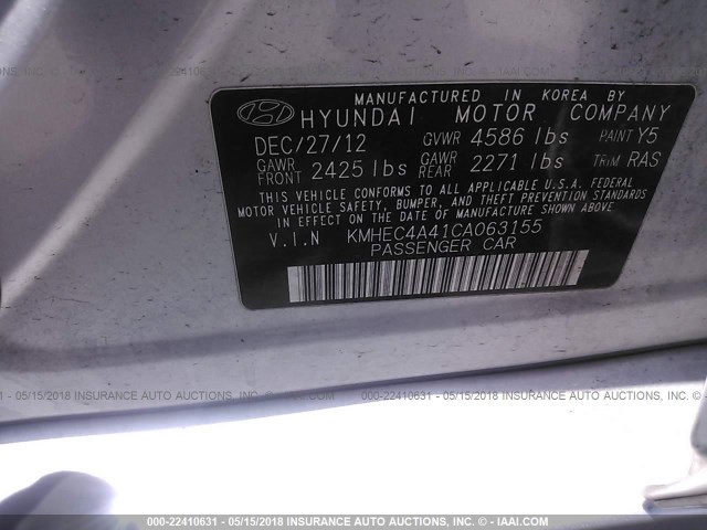 KMHEC4A41CA063155 - 2012 HYUNDAI SONATA HYBRID SILVER photo 9