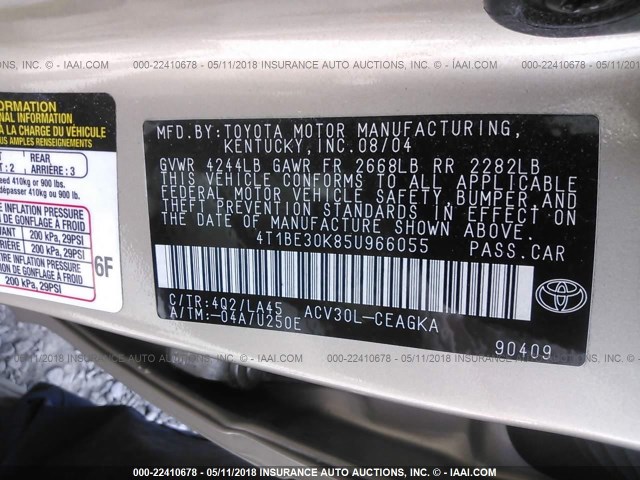 4T1BE30K85U966055 - 2005 TOYOTA CAMRY LE/XLE/SE GOLD photo 9