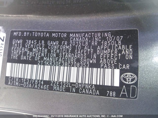 2T1KR30E38C708353 - 2008 TOYOTA COROLLA MATRIX XR GRAY photo 9