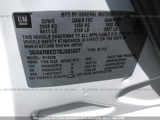 5GAKRBED7BJ383097 - 2011 BUICK ENCLAVE CXL 白色 照片 9