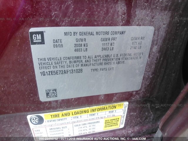 1G1ZE5E72AF131028 - 2010 CHEVROLET MALIBU LTZ 栗色 照片 9