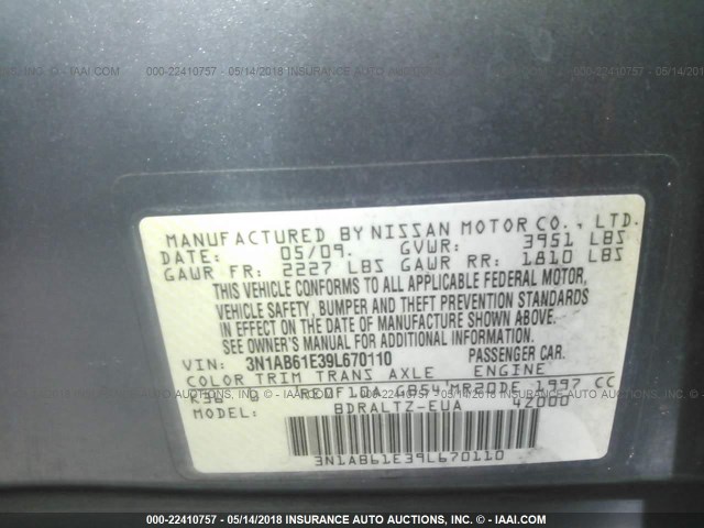 3N1AB61E39L670110 - 2009 NISSAN SENTRA 2.0/2.0S/2.0SL GRAY photo 9