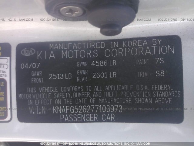 KNAFG526277103973 - 2007 KIA RONDO LX/EX SILVER photo 9