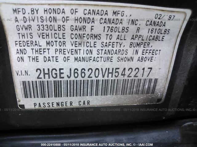 2HGEJ6620VH542217 - 1997 HONDA CIVIC DX BLACK photo 9