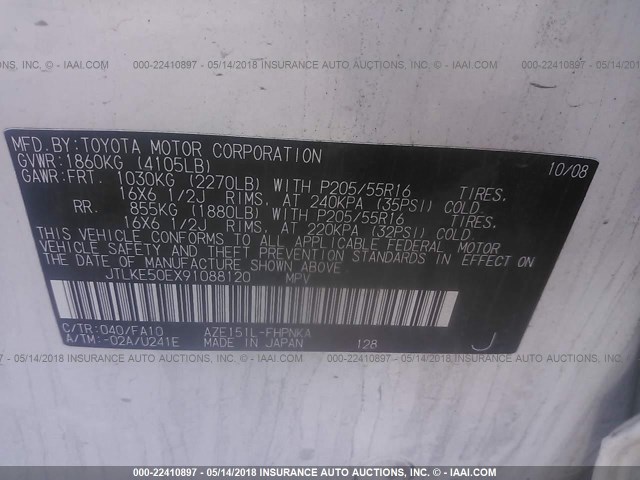 JTLKE50EX91088120 - 2009 TOYOTA SCION XB თეთრი ფოტო 9