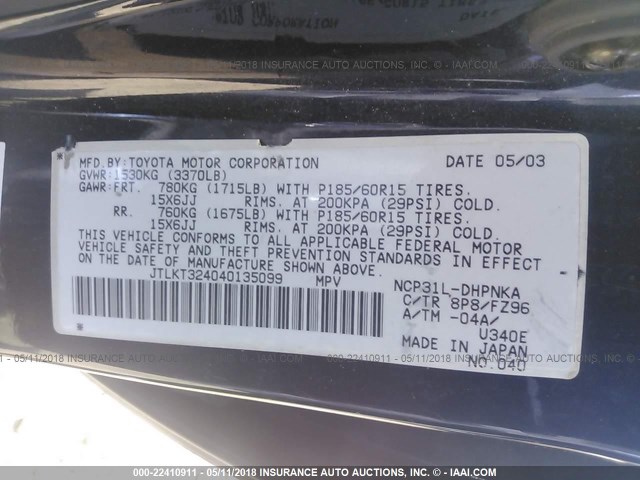 JTLKT324040135099 - 2004 TOYOTA SCION XB BLUE photo 9