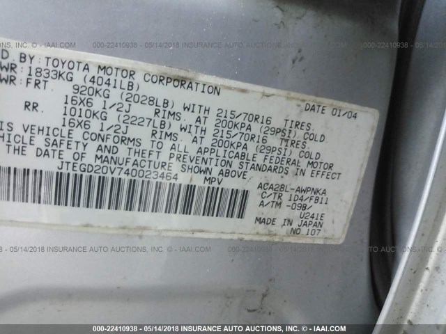 JTEGD20V740023464 - 2004 TOYOTA RAV4 银色 照片 9